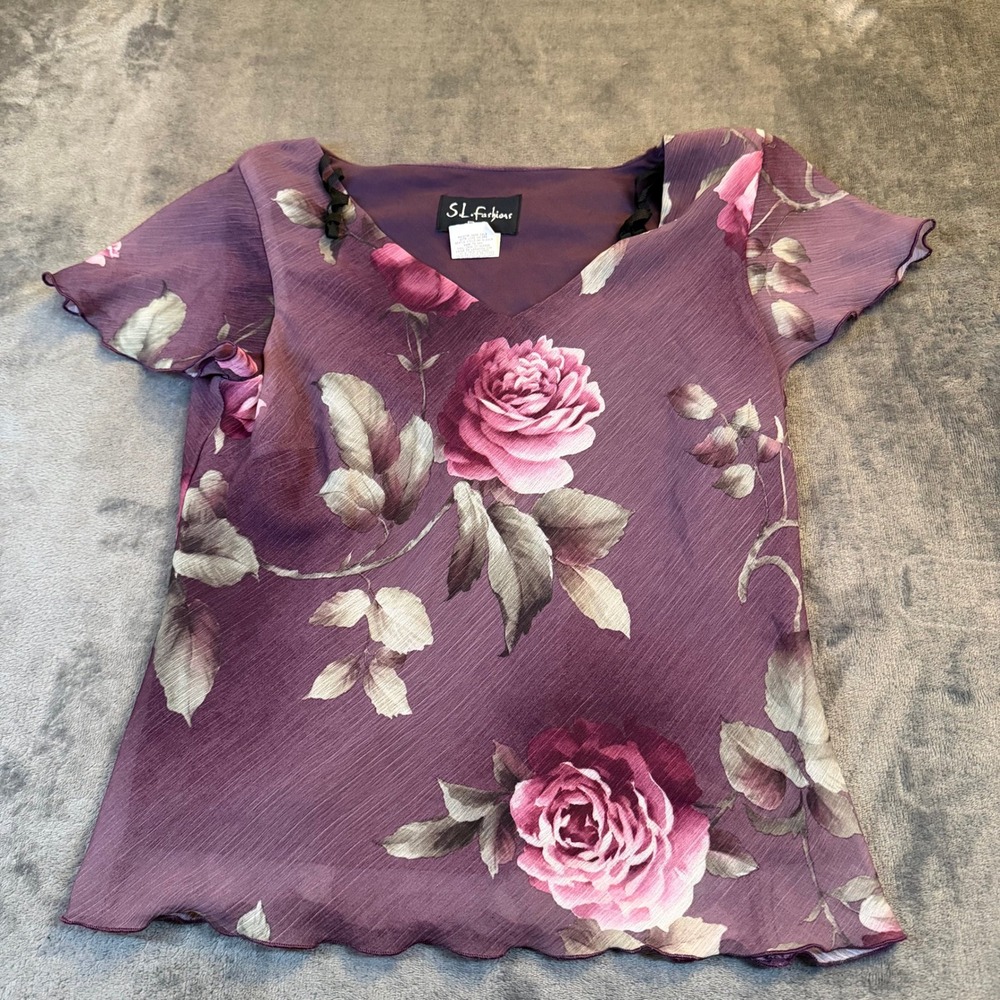 SL Fashions Floral Blouse Womens 10 Petite Purple Sheer Overlay Lettuce Trim